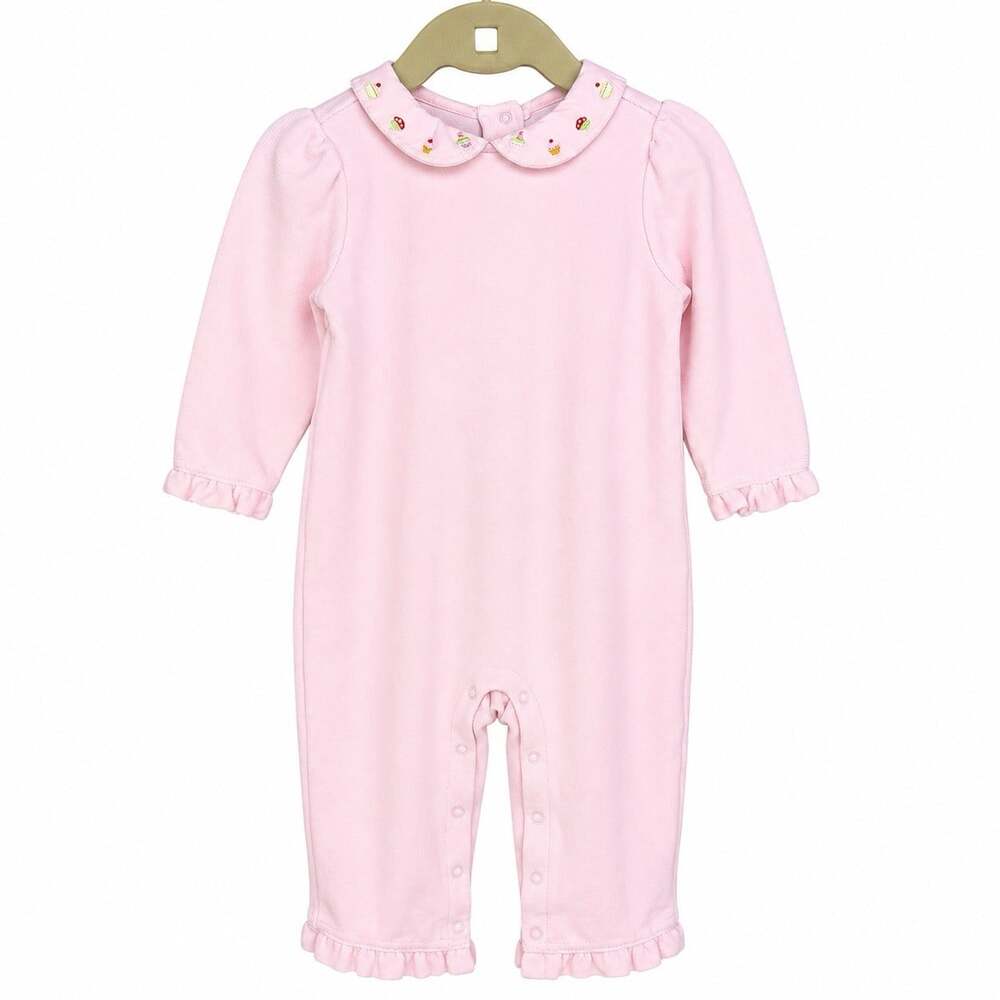 Gymboree Pink Cupcake Embroidered Velour Romper 12-18 Months Peter Pan Collar